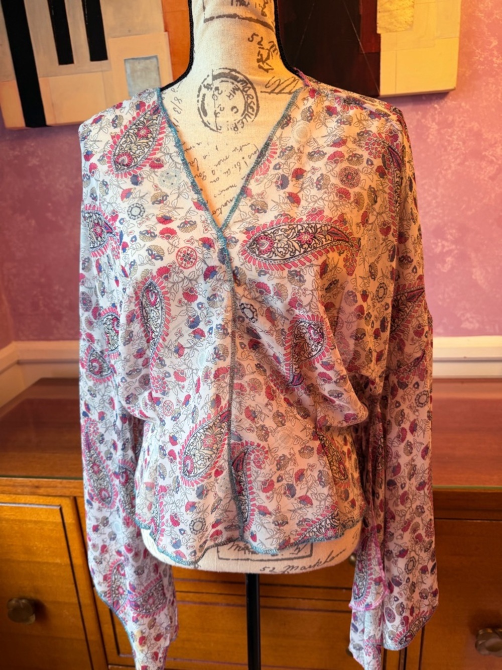 Tootsie’s Handmade Floral Paisley Kimono Style Blouse in Reds Pink and Cream - Picture 8 of 9